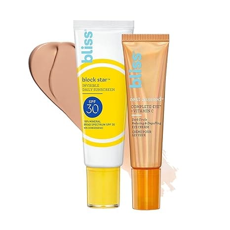 Bliss Block Star & Rest Assured™ Bundle | Tinted 100% Mineral Sunscreen and Depuffing Eye Cream with Vitamin C | Clean | Vegan