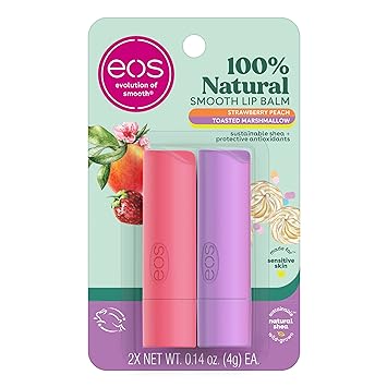 EOS 100% Natural Lip Balm - Strawberry Peach and Toasted Marshmallow, All-Day Moisture Lip Care, 0.14 oz, 2 Pack
