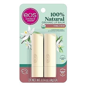 EOS 100% Natural & Organic Lip Balm Sticks - Vanilla Bean, All-Day Moisture, Dermatologist Recommended, 0.14 oz, 2-Pack