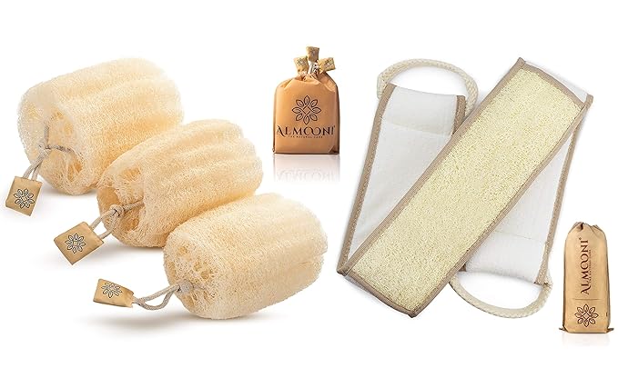 ALMOONI Premium Natural Egyptian Shower Loofah Sponge and Back Scrubber Bundle