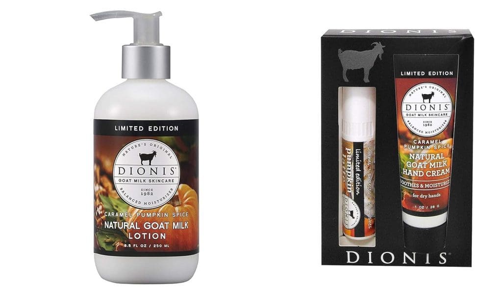 Dionis - Goat Milk Skin Care Caramel Pumpkin Spice Scented Lotion (8.5 oz) and Hand Cream & Lip Balm Set (1 oz and .28 oz) Bundle 