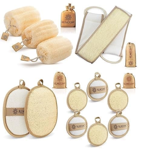 ALMOONI Premium Natural Egyptian Shower Loofah Sponge and Back Scrubber Bundle